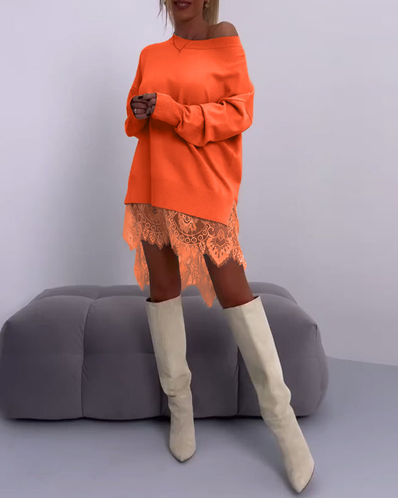 Ensfarvet slim fit off-shoulder sweater med blonder