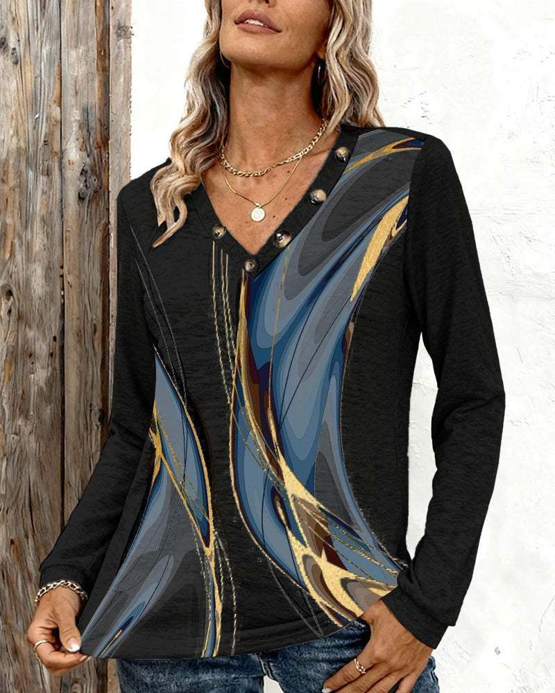 Trykt Casual Top Med V-Hals Og Lange Ærmer