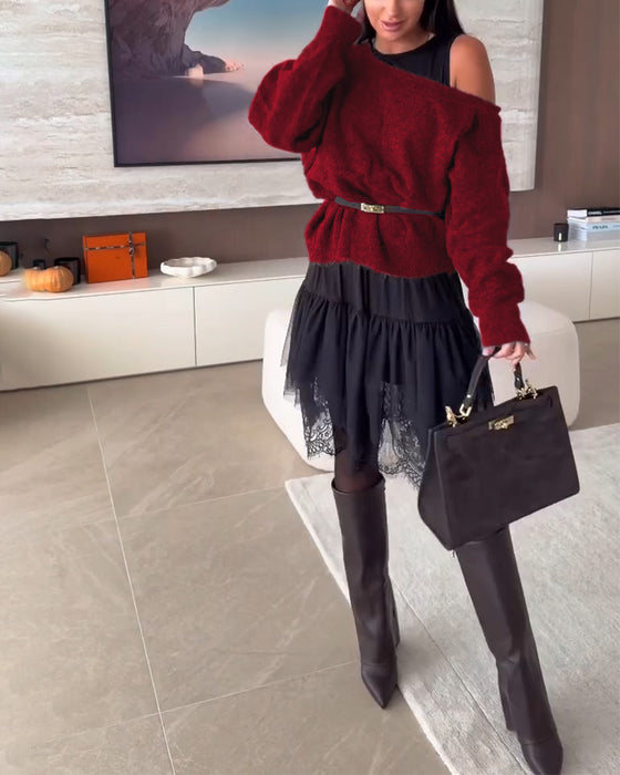 Off-Shoulder Løstsiddende Sweater & Blonder Kant Kjole