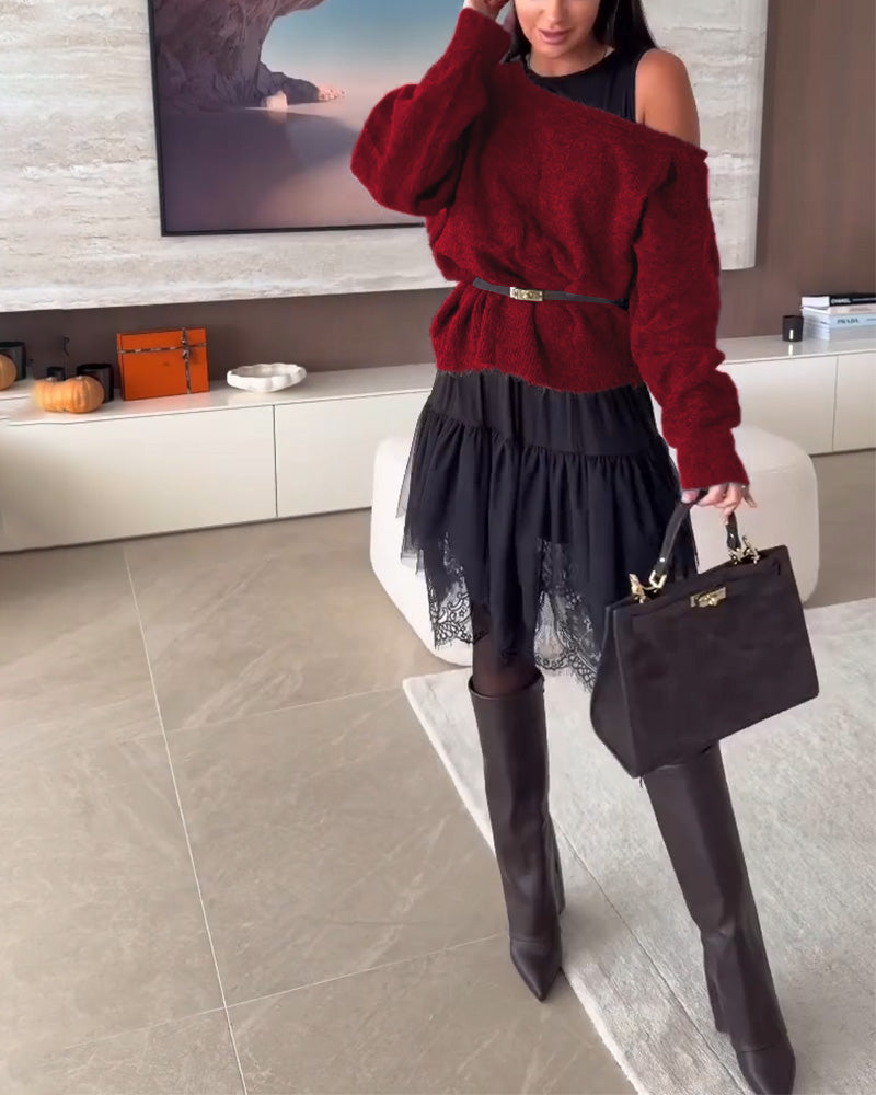 Off-Shoulder Løstsiddende Sweater & Blonder Kant Kjole