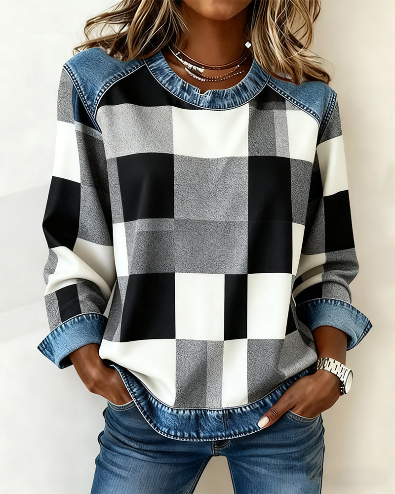 Sweatshirt Med Ternet Patchwork Og Kontrastfarve