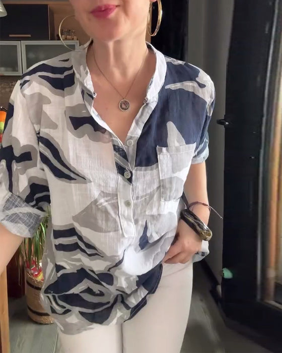 Bluse afslappet standkrave trykt