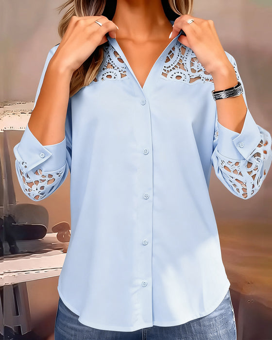 Bluse Ensfarvet Lapeler Blonder Patchwork