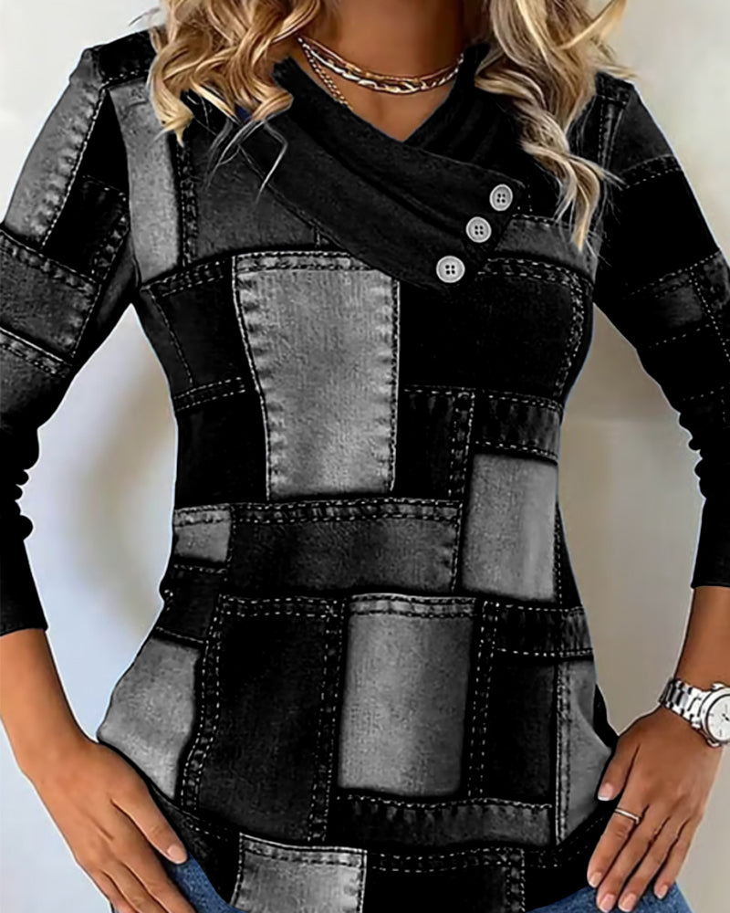 Langærmet Top Med V-Hals Og Kontrast I Ensfarve