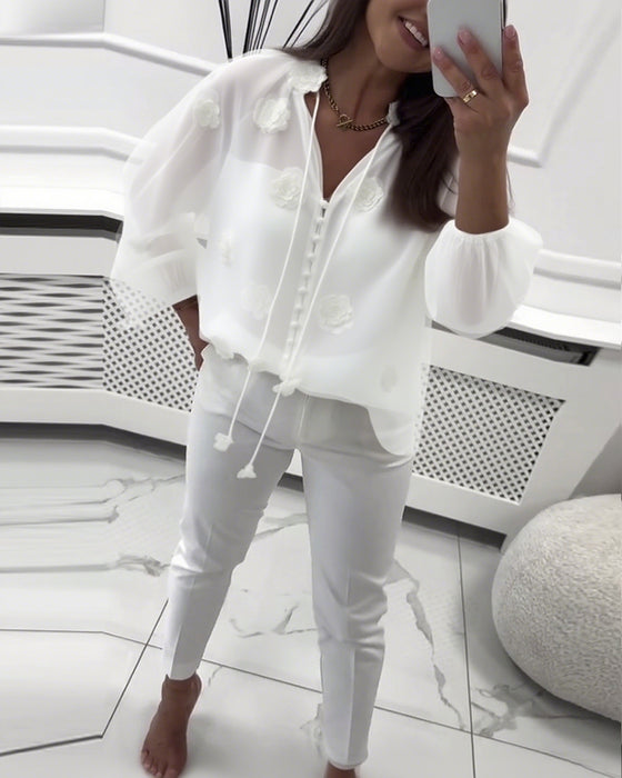 Bluse Ensfarvet 3D-Blomster Snøre