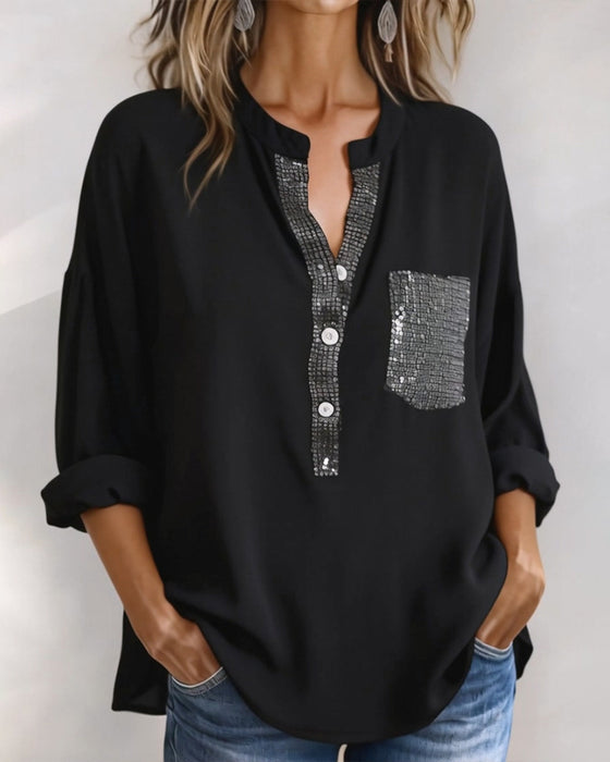 Casual Top Paillet Patchwork Løs