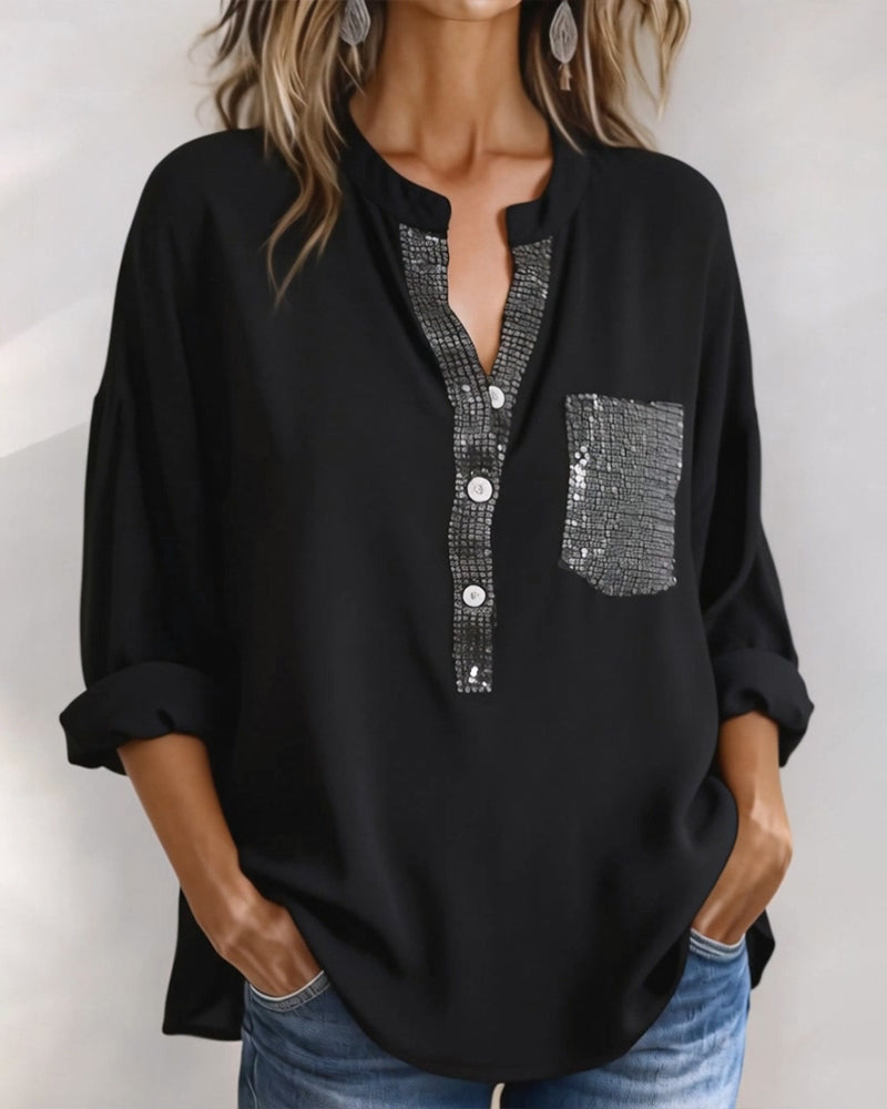 Casual Top Paillet Patchwork Løs