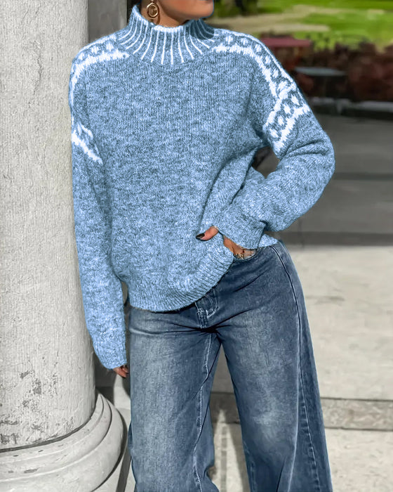 Sweater Høj Hals Mønstret Kontrast