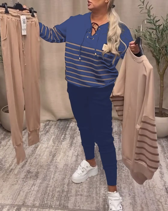 Todelt Sæt Med Afslappet Stribet Sportsbuks Ved Anklen