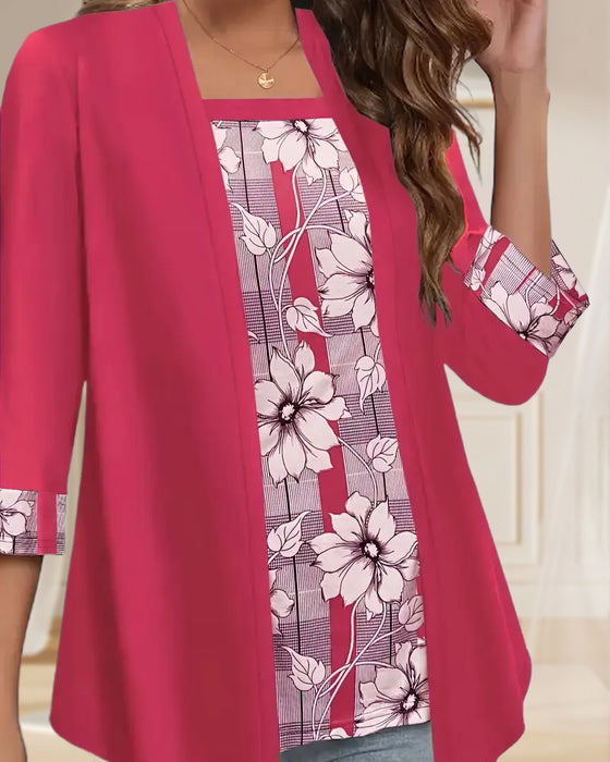 Printet Top Med Lange Ærmer Falsk Todelt Design