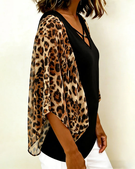 Bluse Flagermusærme Leopardprint Patchwork