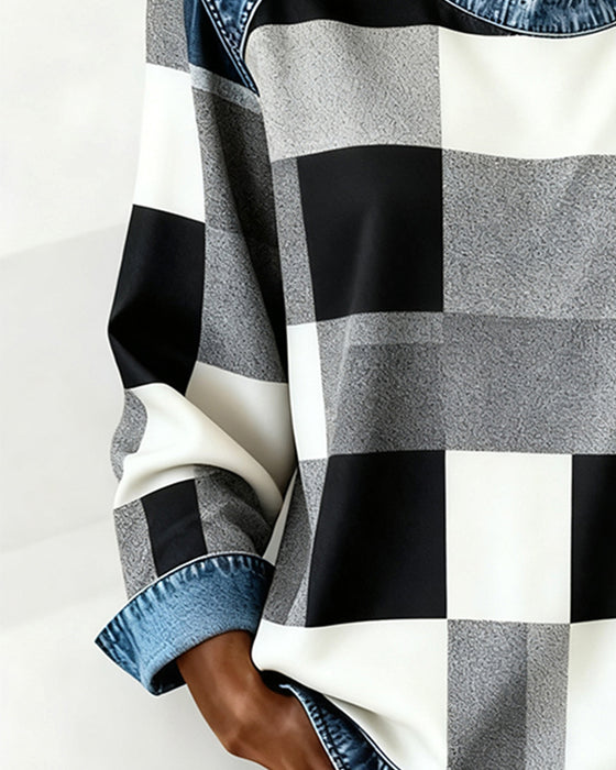 Sweatshirt Med Ternet Patchwork Og Kontrastfarve