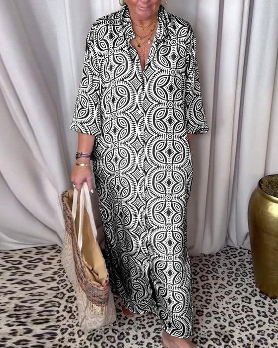 Vintage-mønstret maxikjole med skjortekrave og lommer