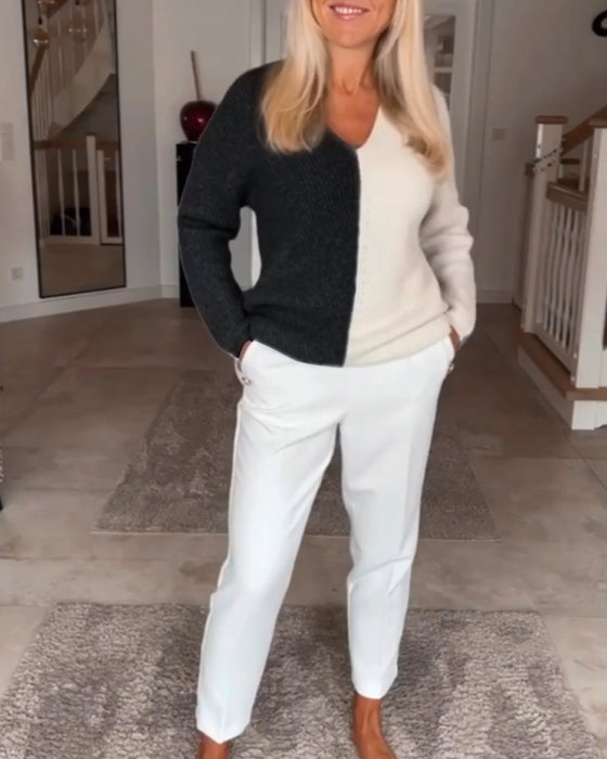 V-hals farveblok sweater