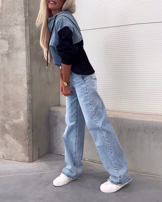 Patchwork denim hættetrøje med lynlås