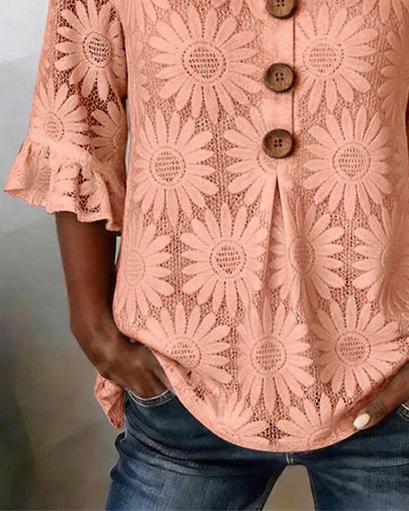 Bluse Med Rynket Tusindfrydmønster Og Rynkeærmer