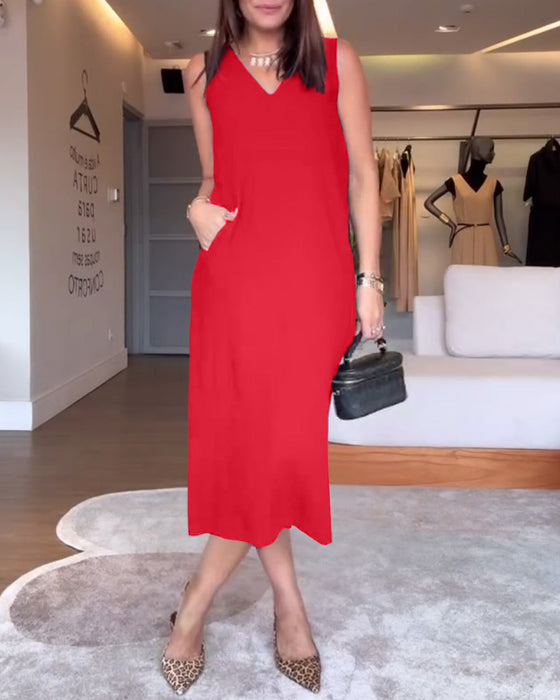 Kjole afslappet v-hals ærmeløs ensfarvet split