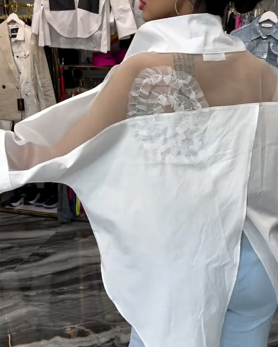 Blomsterbluse med lapel og blondepanel