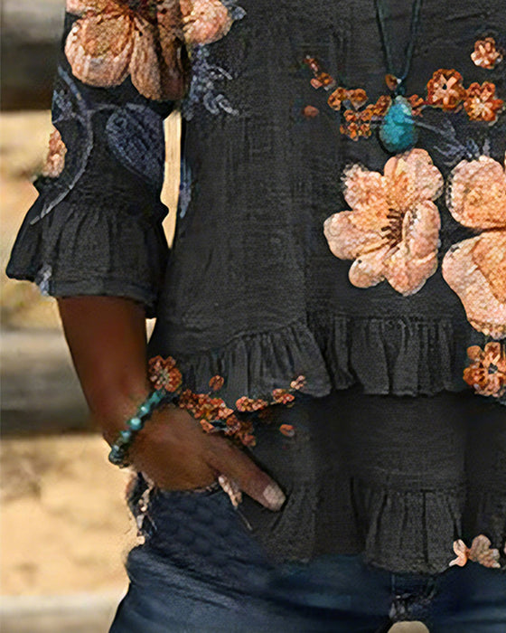 Bluse V-Udskæring Vintage Blomstret Loose Fit
