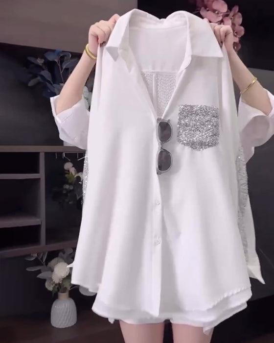 Revers-Paillet-Langærmet Bluse