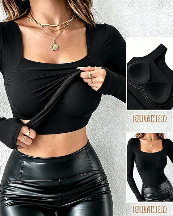 🔥 U-Hals Shapewear Indbygget BH Lang Ærme Tank