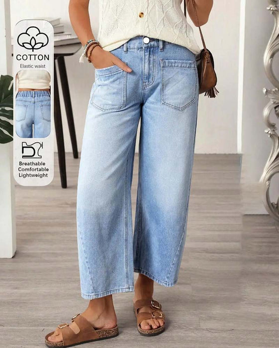 Jeans Denim Elastisk Talje Bredt Ben Croppet
