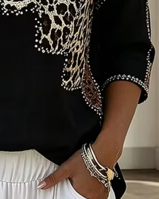 Bluse V-Hals Leopard Tryk
