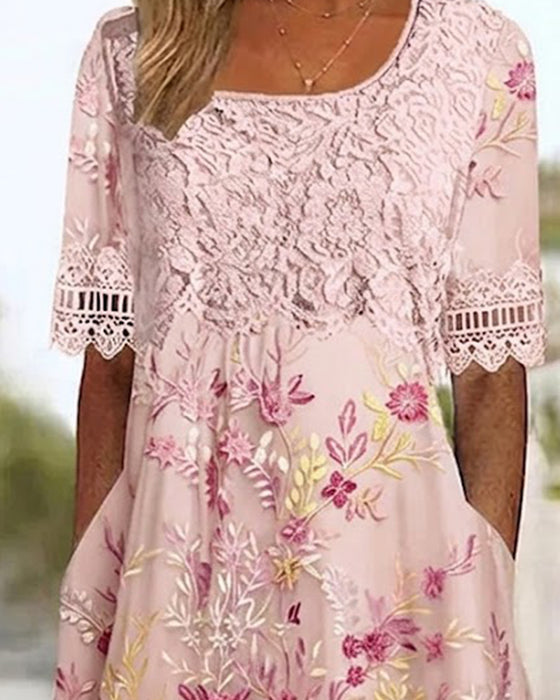 Kjole Blonder Blomstermønster Patchwork A-Linje