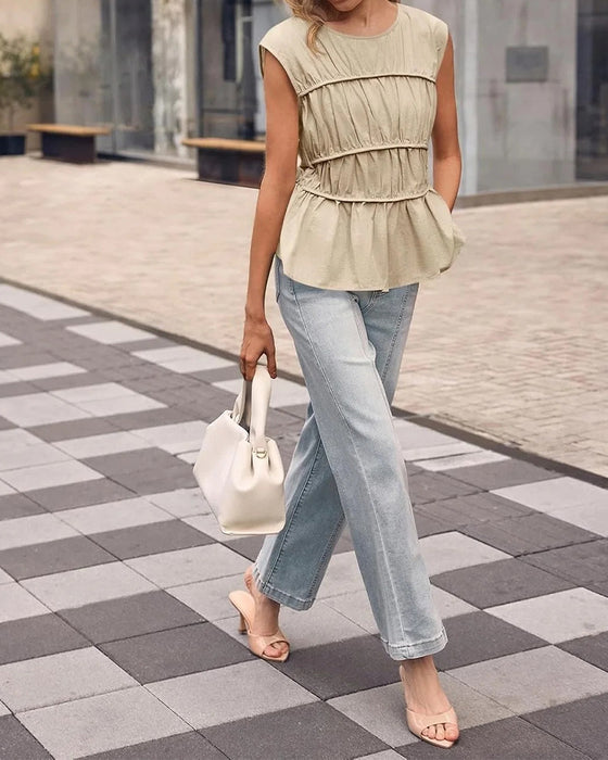 Bluse Rund Hals Rynket Talje