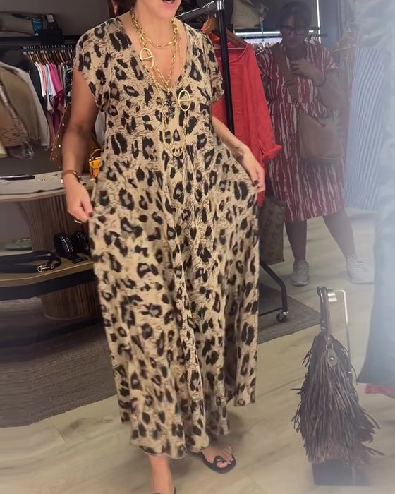 Kjole V-Hals Leopard Fuld Nederdel