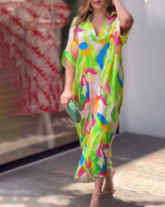 Farverig kjole med skjortekrave