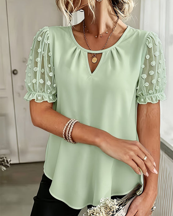 Bluse Rund Hals Knipling Puff Ærmer