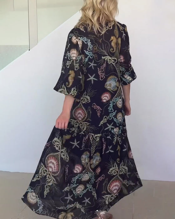 Kjole V-hals Marine Tryk Langærmed