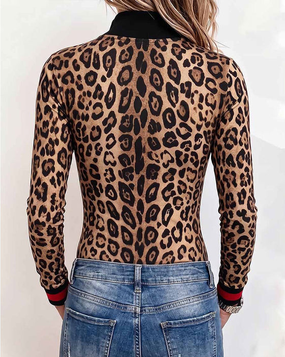 Top Leopardprint Halv-Zip Langærmet