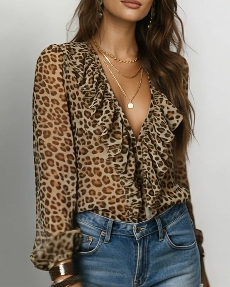 Bluse Med Rys V-Hals Leopardprint