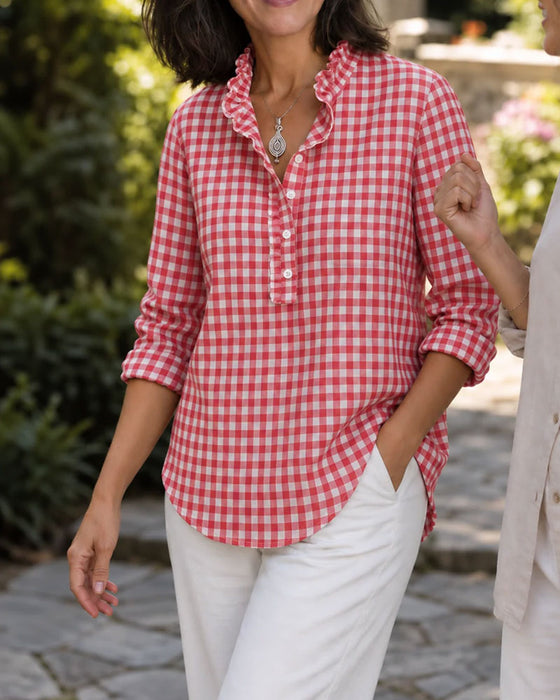 Bluse Rynkekant Mandarin Krave ternet
