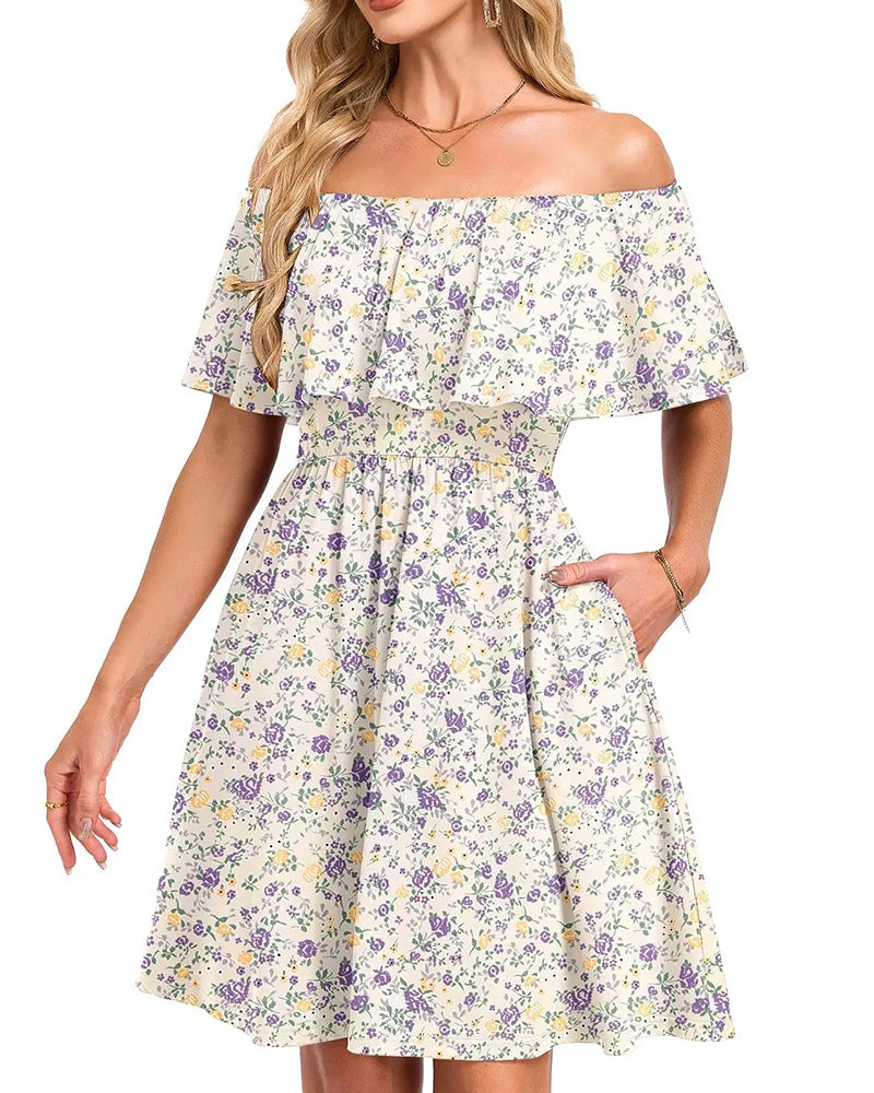 Kjole Blomstret Off-Skulder Midi
