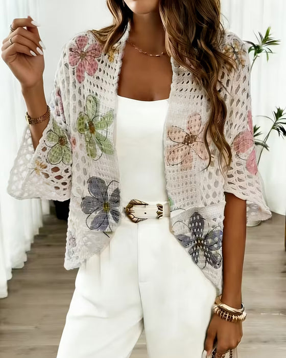 Cardigan Udskæring Blomstertryk Strikket