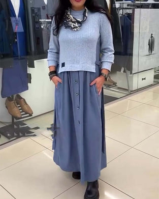 Kjole Casual Farveblok Rund Halsudskæring