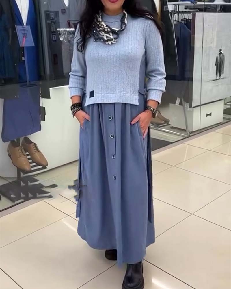 Kjole Casual Farveblok Rund Halsudskæring