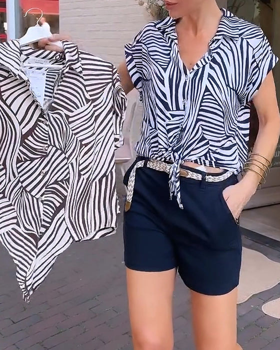Bluse Zebra Tryk Revers Kort Ærme
