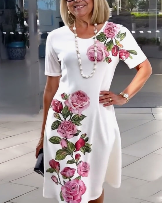 Kjole Korte Ærmer Rosetryk Shift