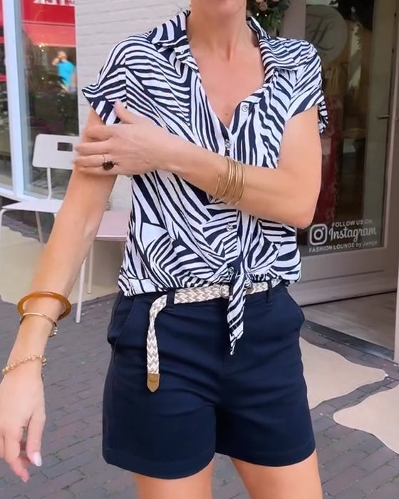 Bluse Zebra Tryk Revers Kort Ærme