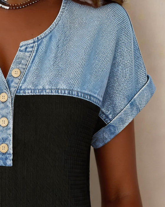Bluse Denim Patchwork Kort Ærme