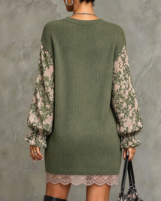 Kjole Rund Hals Ribbet Blonde Patchwork Flæse