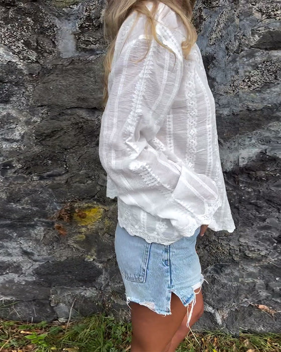 Skjorte Broderet Hult Polo Krave Afslappet