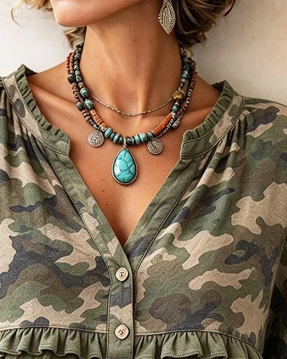 Top Camo Patchwork Rynkekant V-Hals