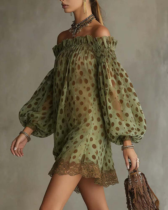 Kjole Leopardmønster Off-Shoulder Blonder Patchwork
