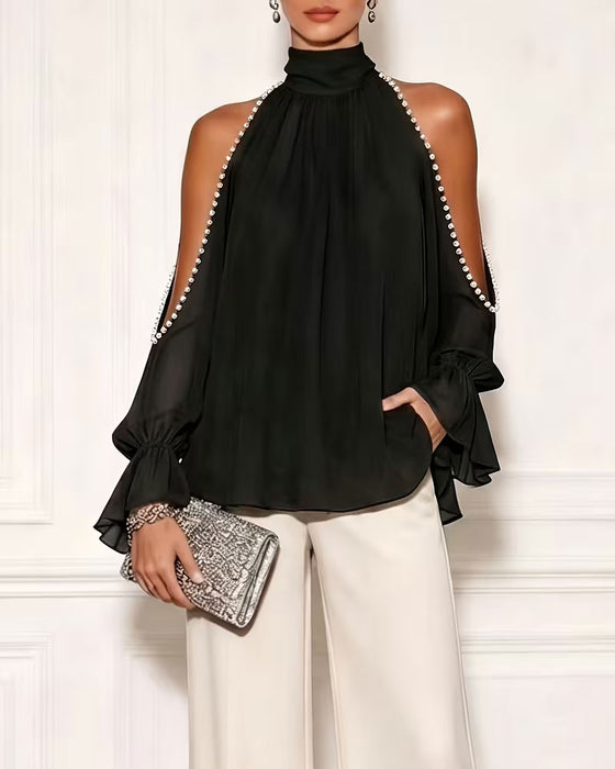 Bluse Turtleneck Off-Shoulder Ruffle