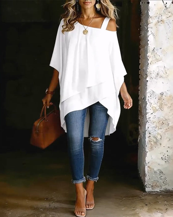 Bluse Asymmetrisk Cold Shoulder Ensfarvet Afslappet